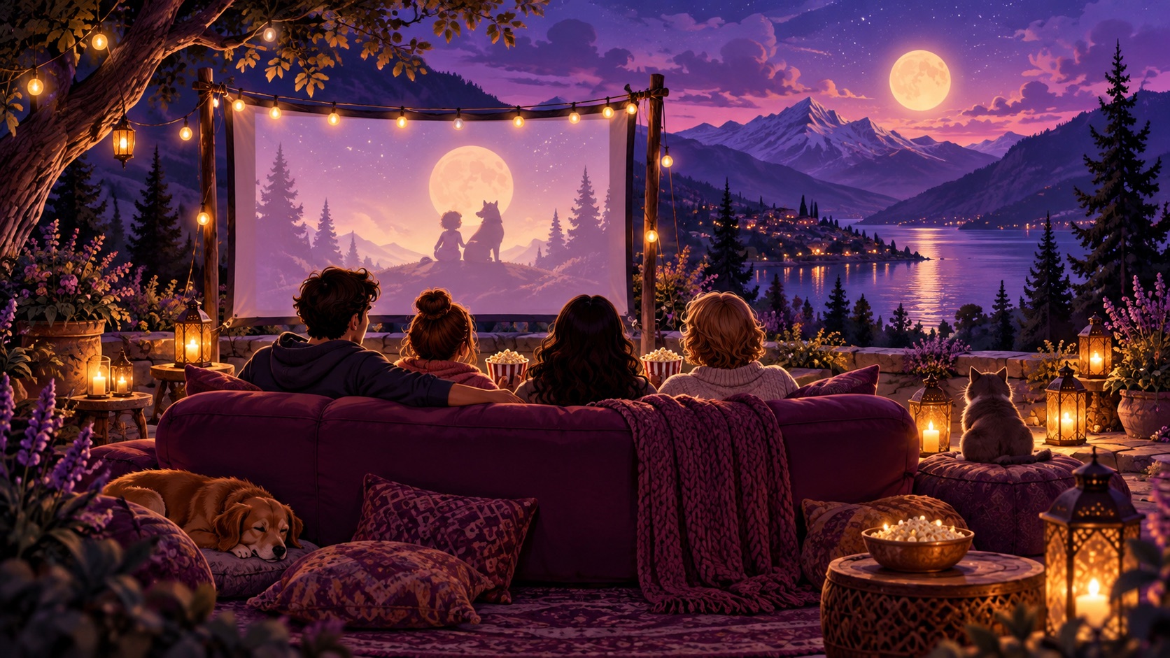 Friends gathered for an outdoor movie night beneath a purple evening sky